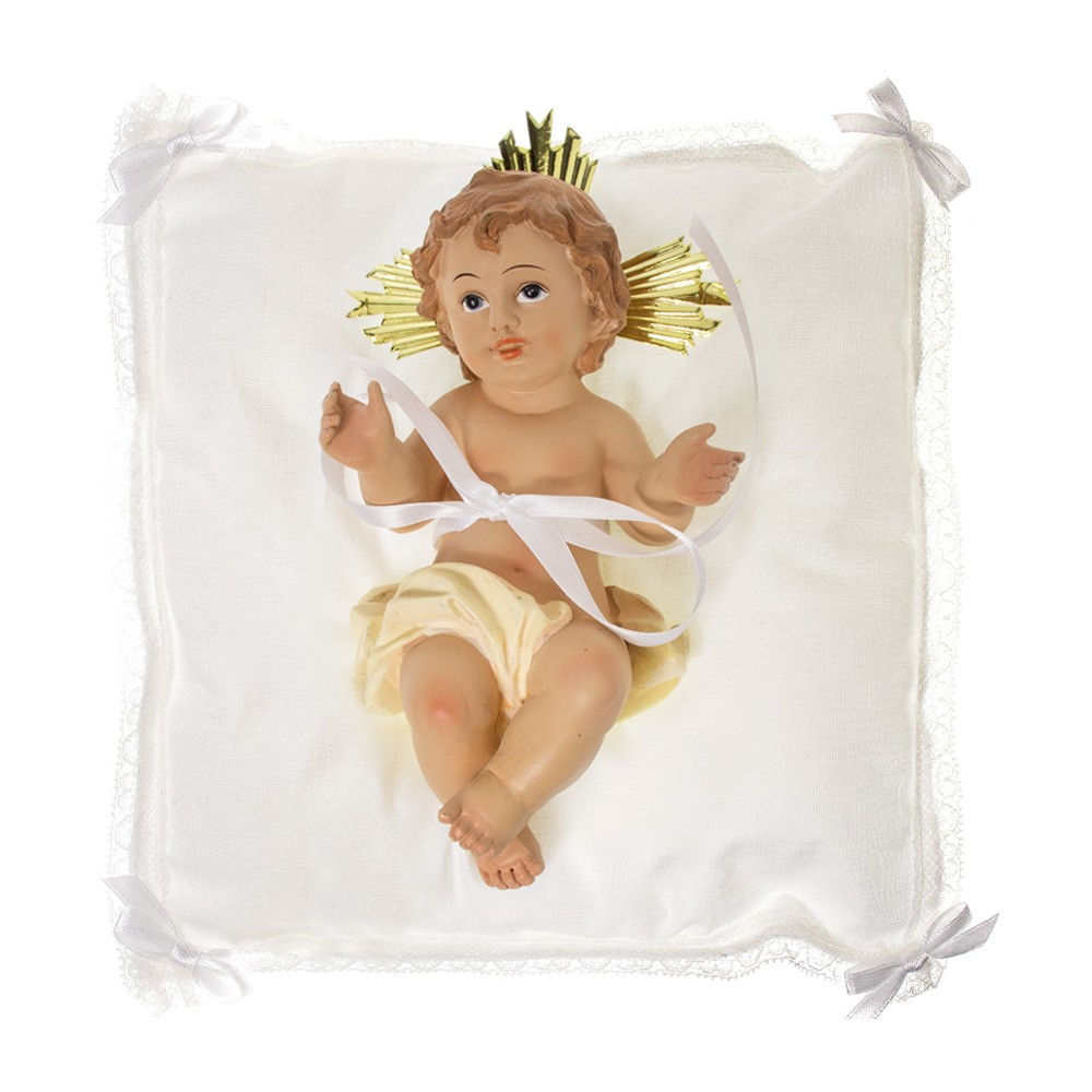 Statua di Gesù Bambino con raggiera e cuscino