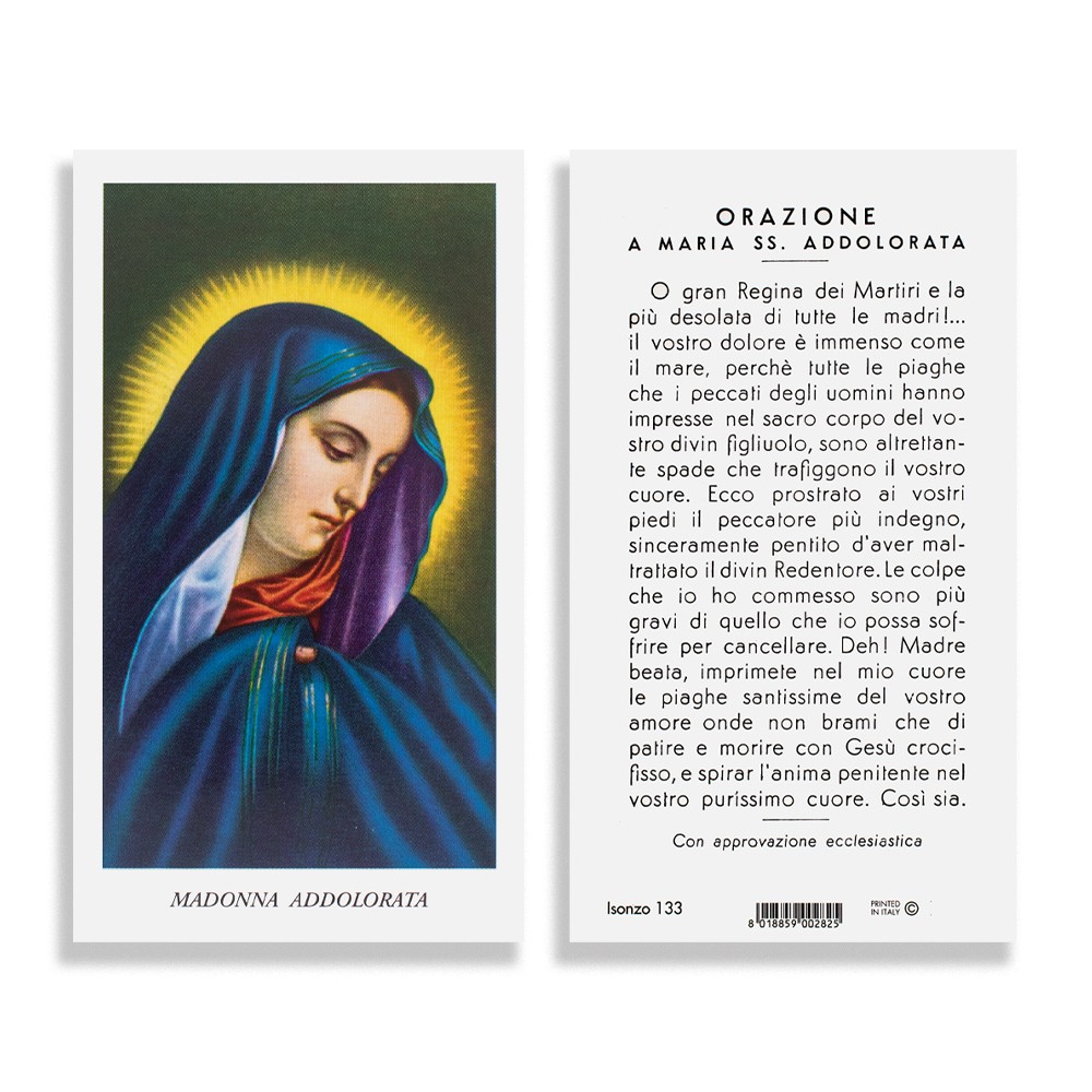 Eterno Padre Per Le Mani Di Maria Addolorata Santino Beata Vergine Addolorata con preghiera