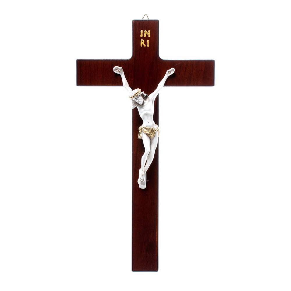 Croce Legno e Cristo Resina Bianca