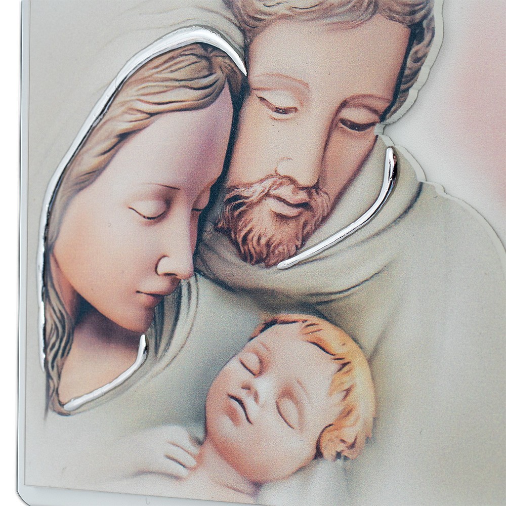 Quadro Sacra Famiglia In Argento E Oro Su Legno - 27x32 Cm, Made In Italy, Consegna Veloce