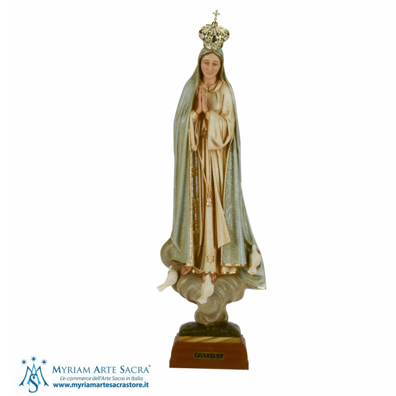 Statua della Madonna di Fatima con effetto pietra in PVC e base in legno. Prodotta direttamente in Portogallo da esperti artigiani.
